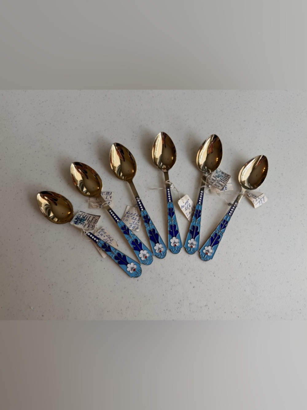 Vintage USSR 916 Silver Enamel Spoon Set of 6 with Tags